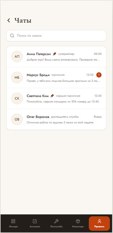 Чаты с супервайзером и коллегами внутри приложения для персонала отеля