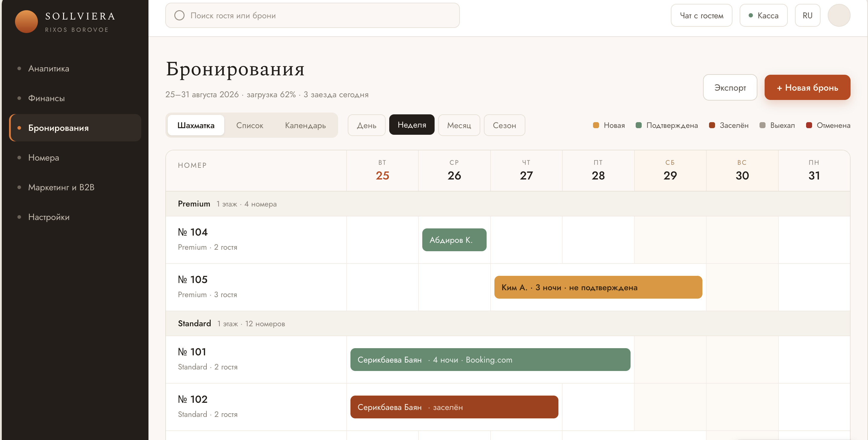 Шахматка бронирований в PMS Sollviera: даты, номера и статусы броней